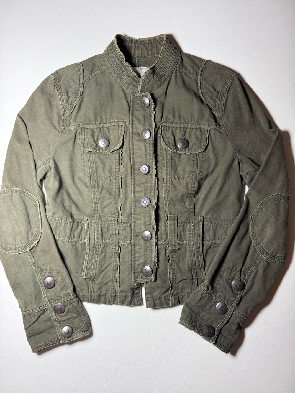 Refuge Olive Green Military Utility Jacket L Elbow Patches Distressed Y2K